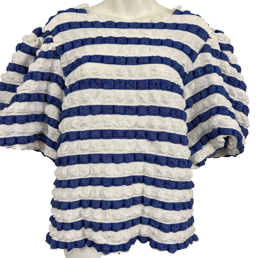 Kaktus Womens Blue White Puff Sleeve Striped Stretchy Top Shirt Blouse sz XL